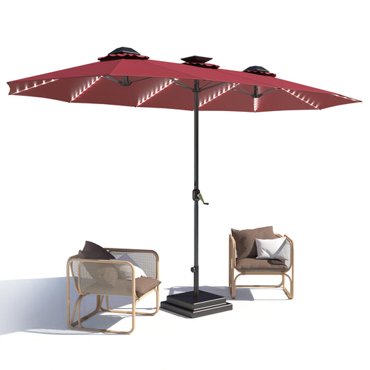 AECOJOY 15ft Patio Umbrella with Solar Lights, Large Double Umbrella Outdoor Patio, Rectangle TableUmbrella with 156 PCS LED Lights and Crank Handle for Backyard Deck Pool Shade in Red