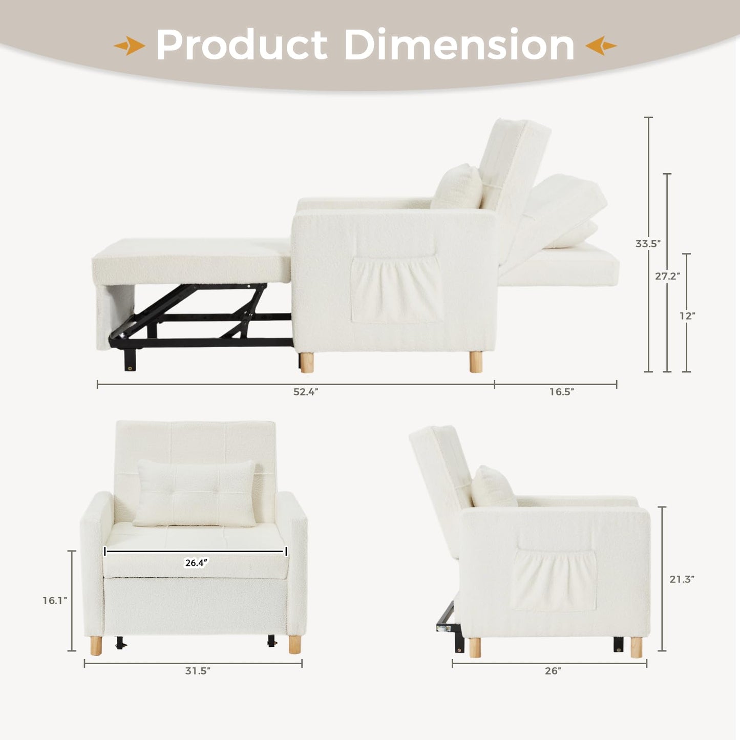 YODOLLA 31.5'' 3-in-1 Sleeper Sofa Bed Chair,Pull Out Couch for Living Room,Lounge Chair Indoor in Teddy Wihte