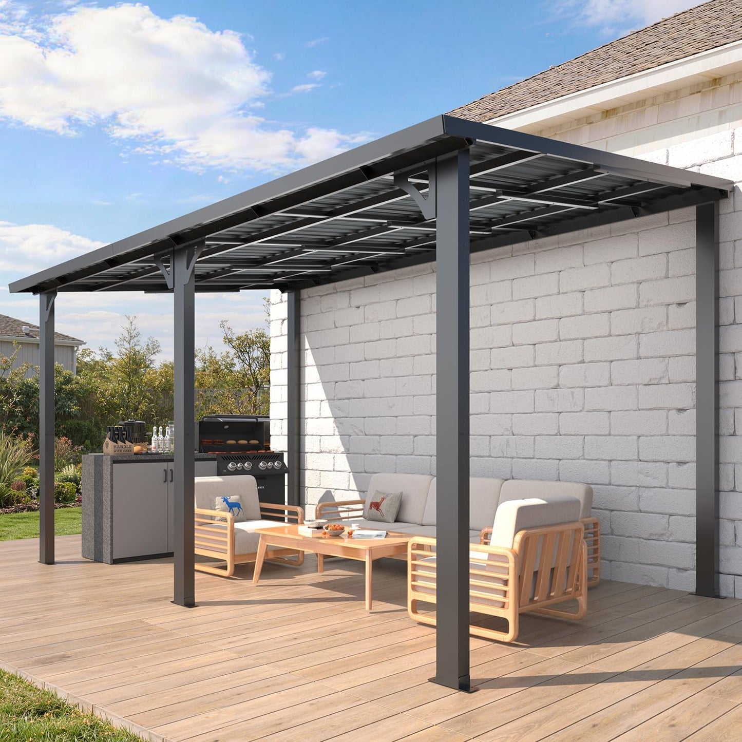 AECOJOY 14' x 8' Hardtop Patio Gazebo Wall Mounted, Heavy Duty Outdoor Pergola on Clearance with Galvanized Steel Roof, Waterproof Metal Grill Gazebo for Backyard