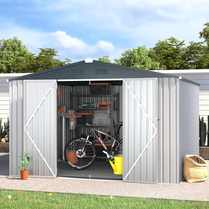 YODOLLA 10 x 10 ft. Outdoor Metal Storage Shed with Sliding Roof & Lockable Door in White for Patio, Garden& Backyard