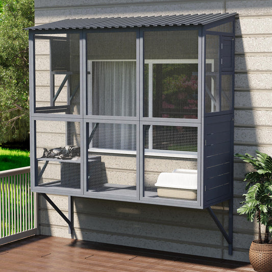 YODOLLA Catio Cat Window Box Cat Enclosure for Multiple Indoor Cats,Outside Wood Cat House, Gray
