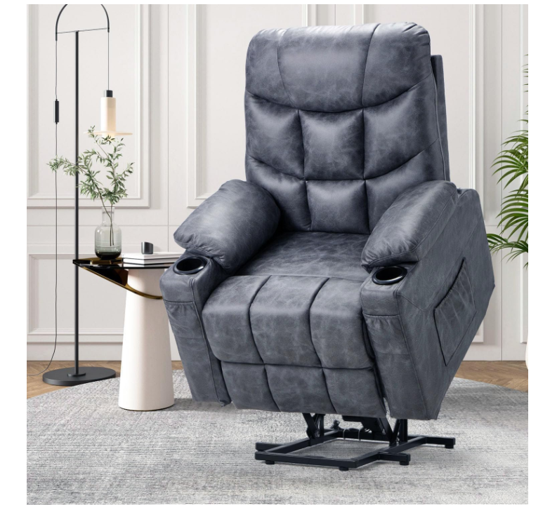 YODOLLA Large Power Lift Recliner for Elderly Heavy Duty Faux Leather Electric Lift Chair with Heated Vibration Massage in Dark Grey