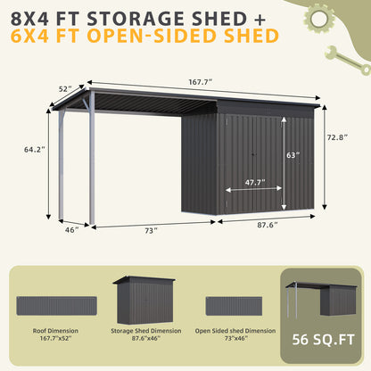 YODOLLA Outdoor Open-Sided Storage Shed, 6x4 Sheds & Outdoor Storage with 56 Sq. Ft Covered, 2-in-1 Tool Shed with Attached Hardtop Metal Pergola Gazebo