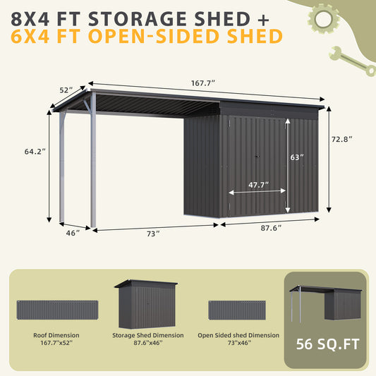 YODOLLA Outdoor Open-Sided Storage Shed, 6x4 Sheds & Outdoor Storage with 56 Sq. Ft Covered, 2-in-1 Tool Shed with Attached Hardtop Metal Pergola Gazebo