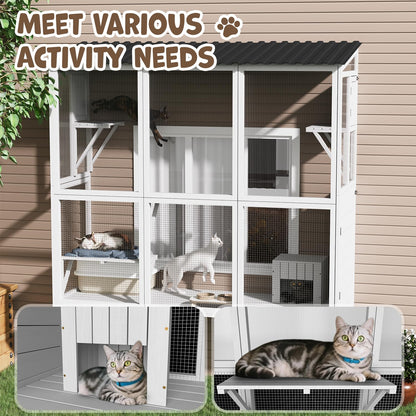 YODOLLA Catio Cat Window Box Cat Enclosure for Multiple Indoor Cats,Outside Wood Cat House, White