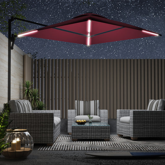 AECOJOY 10 ft Wall Mounted Patio Umbrella with Solar LED Lights Outdoor Rectangle Umbrella with 180° Rotation for Outside in Red