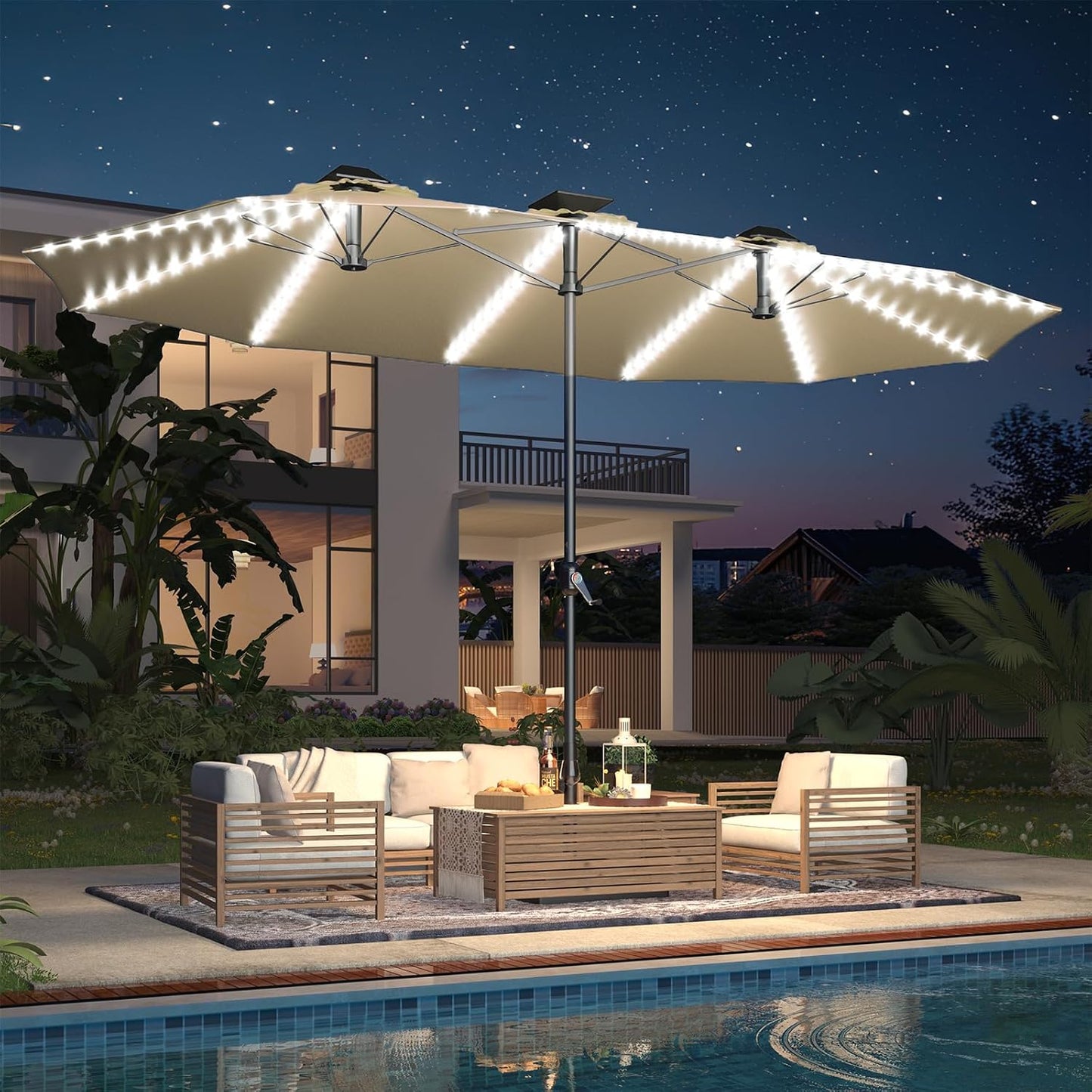 AECOJOY 15ft Patio Umbrella with Solar Lights,Outdoor Large Double Umbrella, Rectangle Table Umbrella with 156 PCS LED Lights and Crank Handle for Backyard Deck Pool Shade in Tan