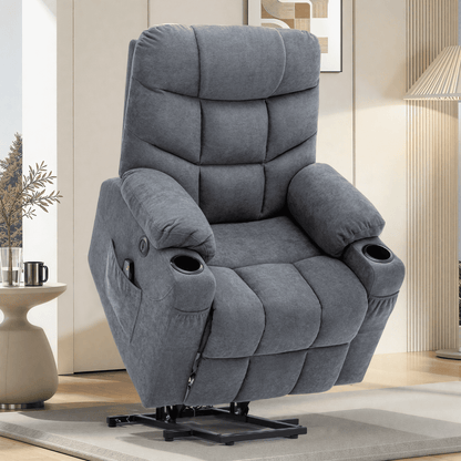 YODOLLA Large Power Lift Recliner for Elderly Heavy Duty Fabric Electric Lift Chair with Heated Vibration Massage in Blue Gray