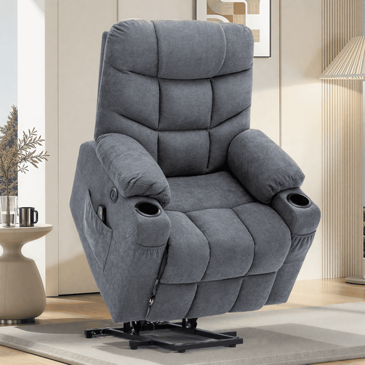 YODOLLA Large Power Lift Recliner for Elderly Heavy Duty Fabric Electric Lift Chair with Heated Vibration Massage in Blue Gray