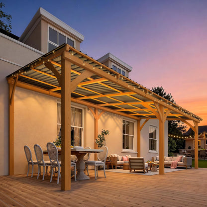 YODOLLA 20' x 10' Wall-Mounted Outdoor Wood Gazebo, Hardtop Cedar Pergola with Heavy-Duty Awnings for Patio, Deck, Backyard