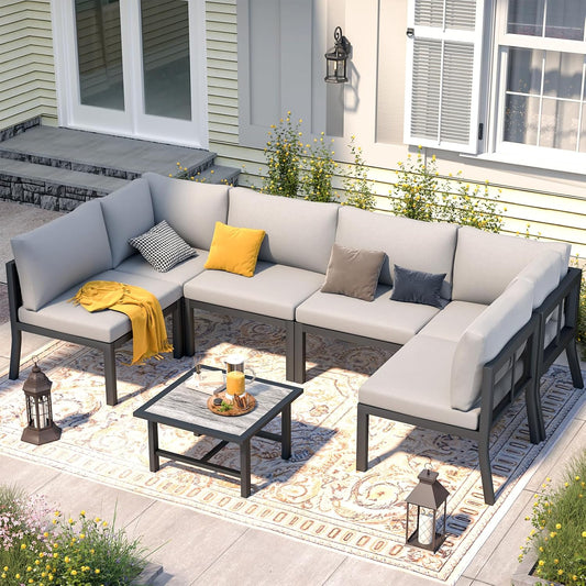 AECOJOY 7 Pieces Patio Furniture Set Outdoor Metal Conversation Sets Sectional Furniture with Cushions and Wooden Table for Backyard