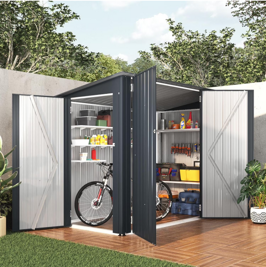 YODOLLA 4 x 7.5 ft Storage Shed with Triple Door, Metal Bike Shed Lean to Outdoor Storage Cabinet Building with Shelves for Garden