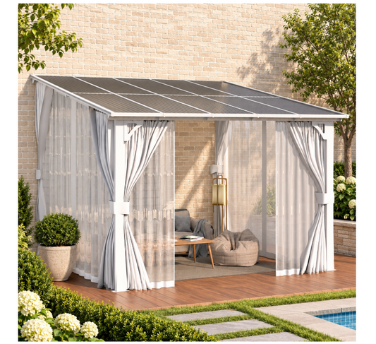YODOLLA 10x10ft Wall-Mounted Hardtop Gazebo with Curtains and Mosquito Netting, Outdoor Pergola for Patio and Deck, White