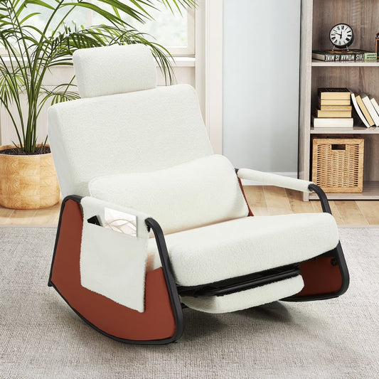 YODOLLA Rocking Accent Chair with Pull-out Footrest , Glider Recliner 3-Position Adjustable Backrest with Side Pocket , Teddy Fabric White
