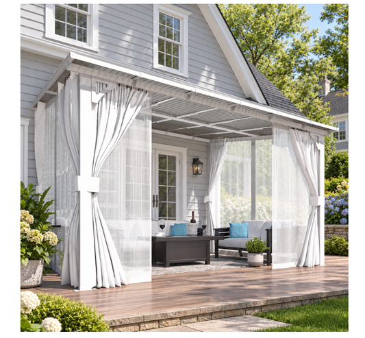 YODOLLA 12x10ft Wall-Mounted Hardtop Gazebo with Curtains and Mosquito Netting, Outdoor Pergola for Patio and Deck, White