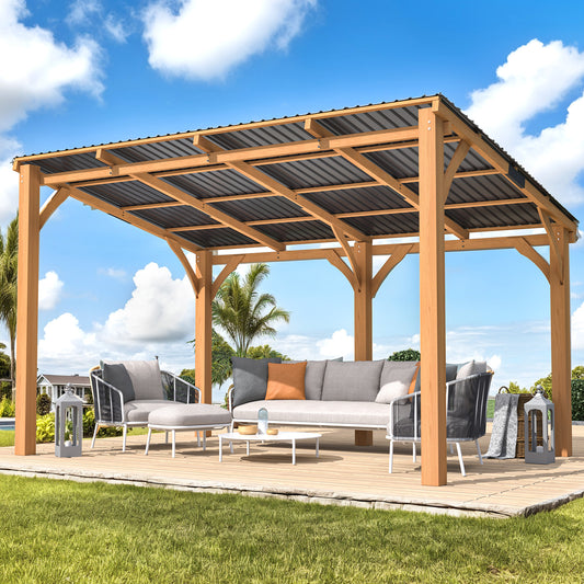 YODOLLA 14' x 10' Wall-Mounted Outdoor Wood Gazebo, Hardtop Cedar Pergola with Heavy-Duty Awnings for Patio, Deck, Backyard