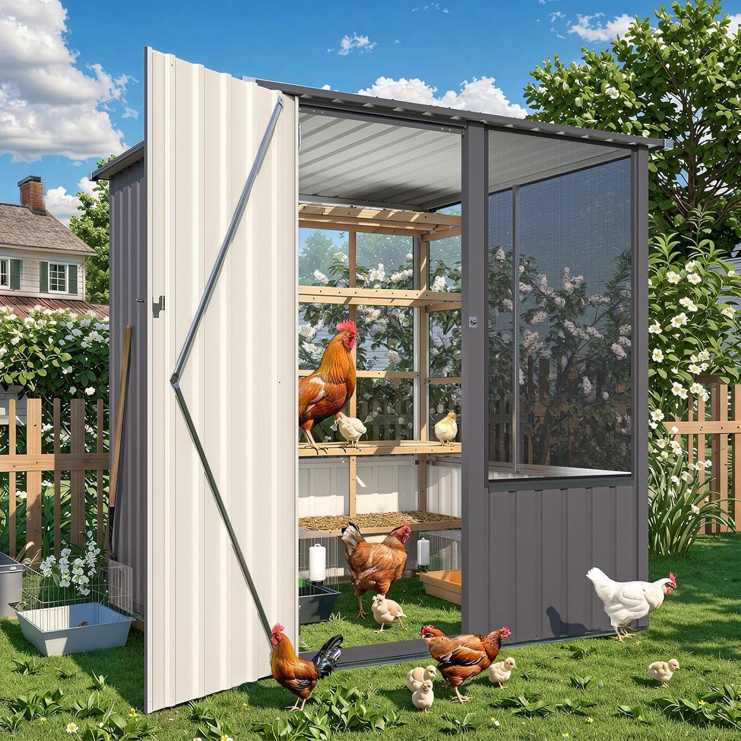 YODOLLA 5x5 FT Metal Chicken Coop,Multipurpose Chicken House with Lockable Doors and Ventilated Mesh
