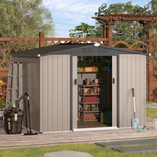 YODOLLA 8 x 6 ft. Outdoor Metal Storage Shed with Lockable Door Patio Garden&nbsp;Storage Building in Gray for Outside