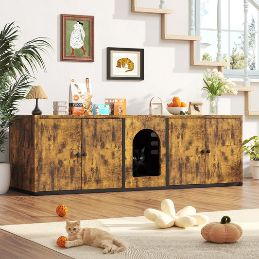 YODOLLA Cat Litter Box Enclosure for 2 Cats, Wooden Hidden Litter Box Furniture with Double Compartments and Large Storage Space, Cat House End Table or TV Stand for Living Room, Brown