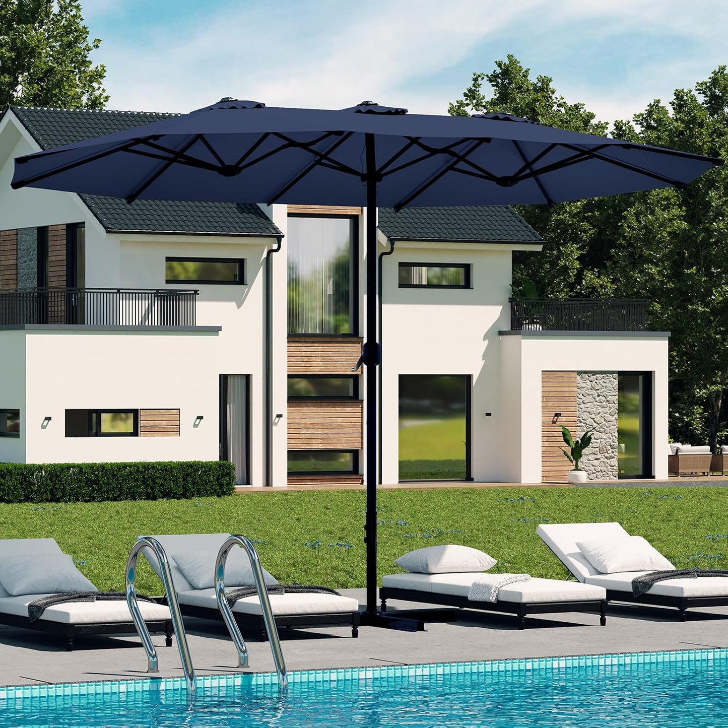 YODOLLA 15 ft Patio Double Sided Umbrella Large Outdoor Umbrella - Navy Blue