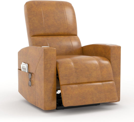 YODOLLA Power Recliner Chair Faux Leather Sofa Chair for Adult with Side Pocket and Cup Holders Nursery, Living Room, Bedroom, Brown