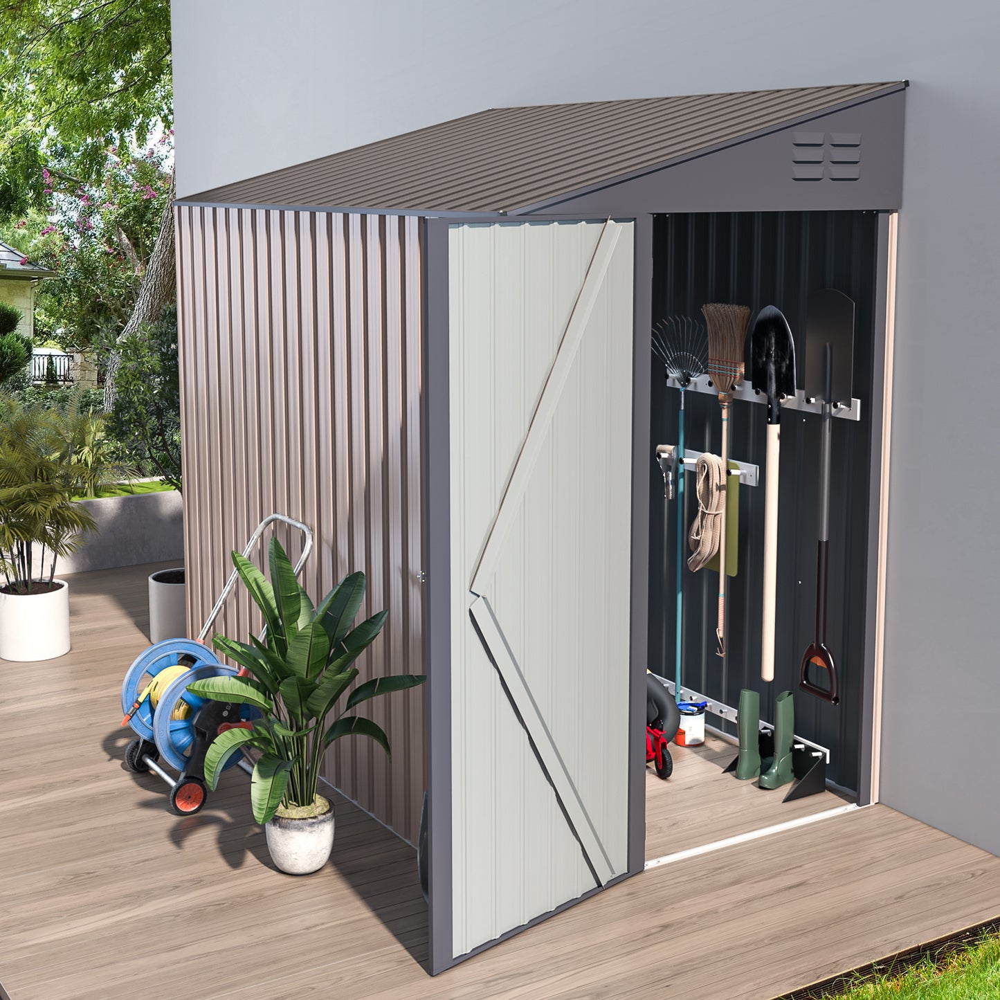 AECOJOY 4' x 6' Metal Storage Shed, Lean-to Design and Lockable Door for Garden, Grey