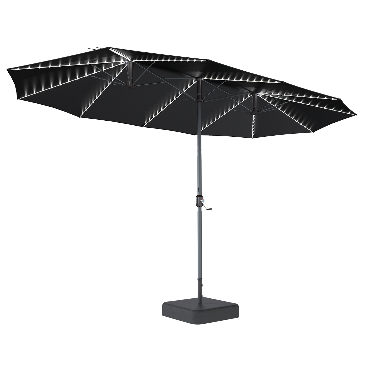 YODOLLA 15 x 9 ft Double-Sided Rectangular Patio Umbrella with Solar Lights & Included Base, 360° All-Round Lighting, 1.9" Pole, Black