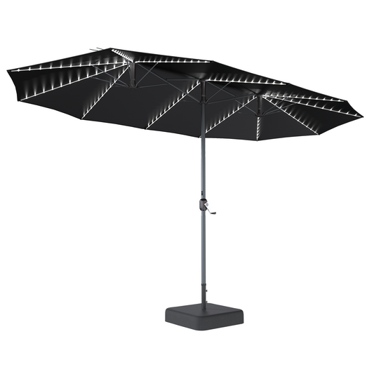YODOLLA 15 x 9 ft Double-Sided Rectangular Patio Umbrella with Solar Lights & Included Base, 360° All-Round Lighting, 1.9" Pole, Black