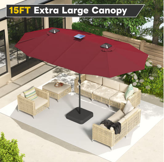 AECOJOY 15 x 9 ft Rectangular Double-Sided Patio Umbrella, 360° Solar Lights with Included Base, 1.9" Pole,Red