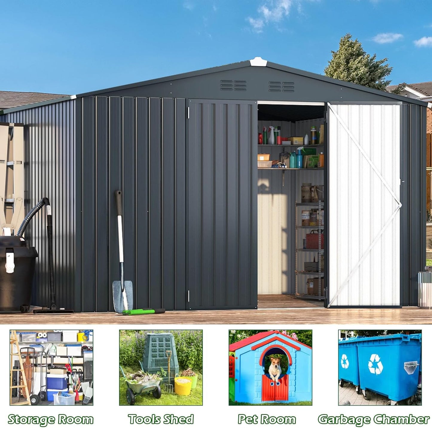 YODOLLA 10 x 10 ft. Outdoor Metal Storage Shed with Sliding Roof & Lockable Door in Dark Grey for Patio, Garden& Backyard
