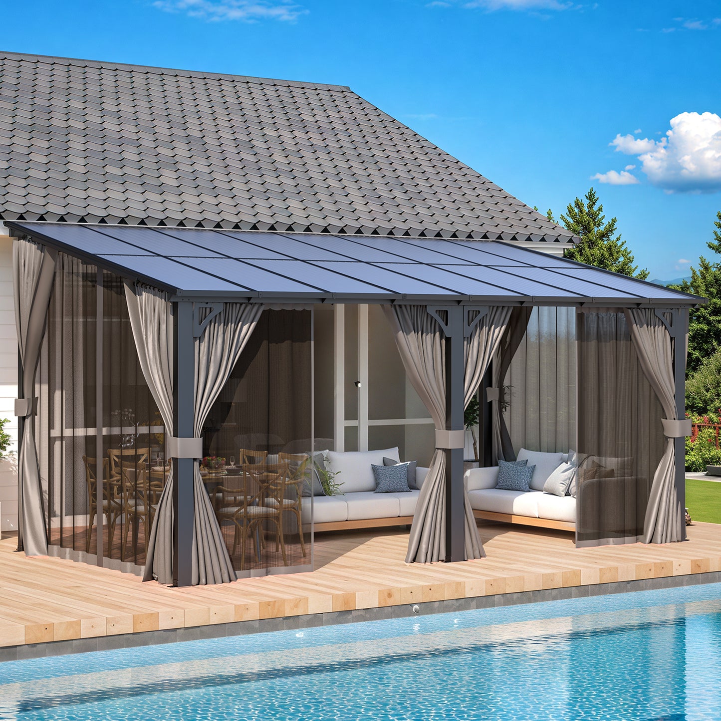 AECOJOY 16' x 8' Outdoor Hardtop Gazebo With Mosquito Net, Pergola for Garden, Patio, Backyard-Black