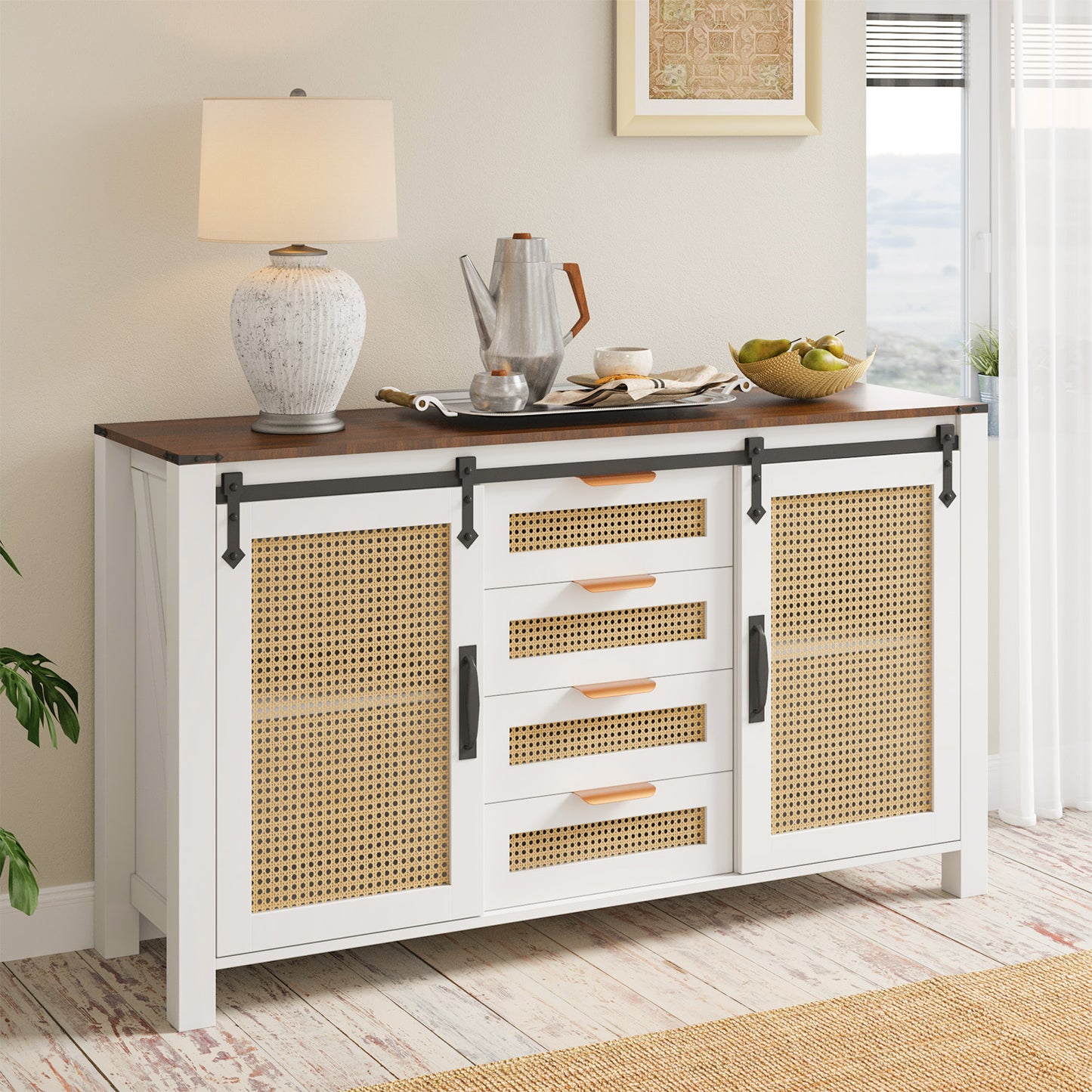 YODOLLA 55" Storage Cabinet with Storage, Modern TV Sideboard Buffet Accent Cabinet for Living Room in White