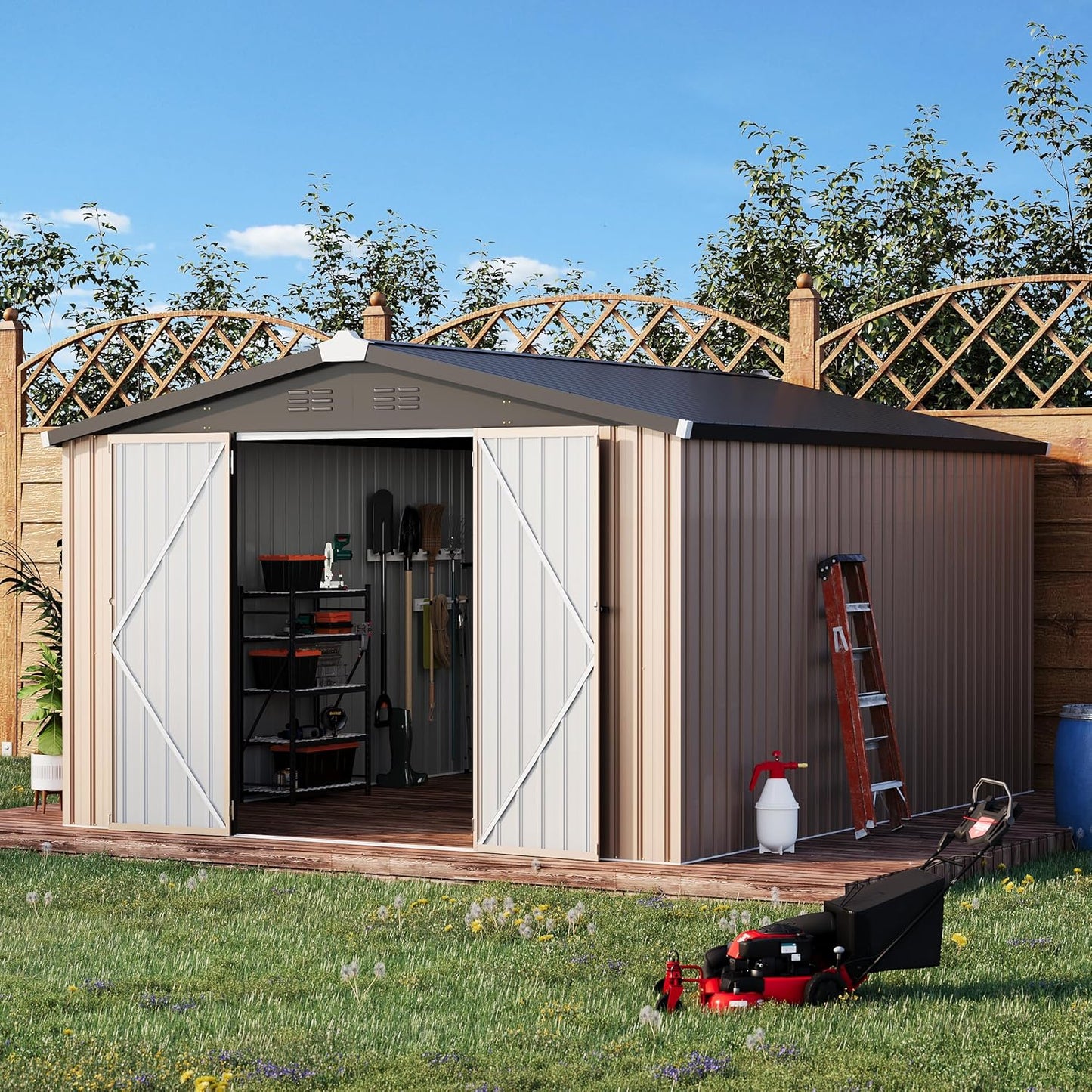 YODOLLA 10 x 14 ft. Outdoor Metal Storage Shed with Sliding Roof & Lockable Door in Brown for Patio, Garden& Backyard
