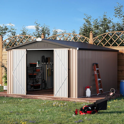 YODOLLA 10 x 14 ft. Outdoor Metal Storage Shed with Sliding Roof & Lockable Door in Brown for Patio, Garden& Backyard