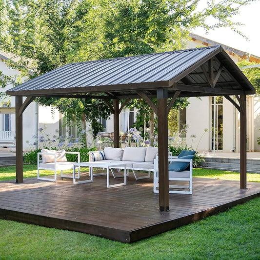 AECOJOY 14.5x12ft Outdoor Wooden Gazebo,Grill Pergola Gazebo Clearance Hard-Top Gazebo for Patios, Garden,Coffee