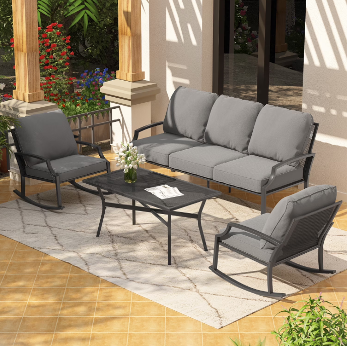YODOLLA 4-Piece All-Weather Outdoor Patio Furniture Set, Metal Mesh Bistro Set with Rocking Chair and Coffee Table for Porch, Deck, Backyard,Dark Gray