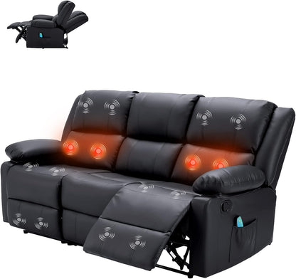 YODOLLA 3 Seat Leather Recliner Sofa with Massage Heated Function, Home Theater Seating Chair in Black