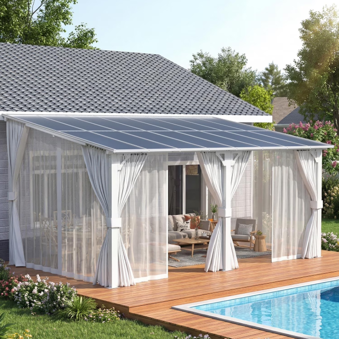 AECOJOY 16' x 10' Lean to Gazebo Outdoor Pergola with Curtains and Netting, 10'x16' Hardtop Pergolas and Gazebos Clearance with Patio Roof, Large Wall-Mounted Heavy Duty Awnings,White