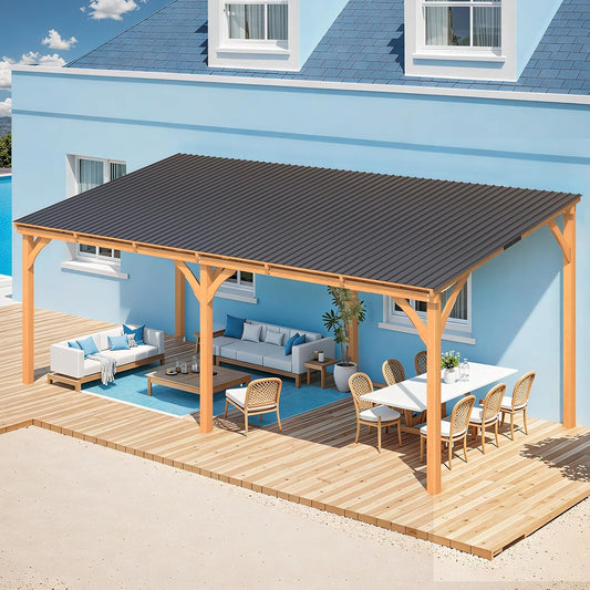 YODOLLA 20' x 10' Wall-Mounted Outdoor Wood Gazebo, Hardtop Cedar Pergola with Heavy-Duty Awnings for Patio, Deck, Backyard