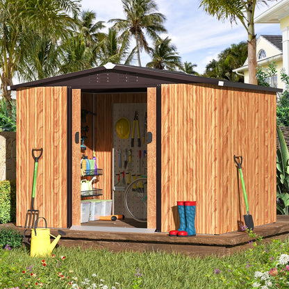 U-MAX 8 x 6 ft. Wood Grain Outdoor Metal Storage Shed with Lockable Door Patio Garden Storage Building for Outside