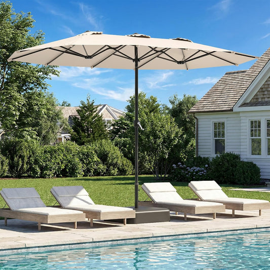 AECOJOY 15 x 9 ft Patio Umbrella with Base, Double-Sided Rectangular Market Umbrella with Crank Handle, 1.9" Pole, Beige