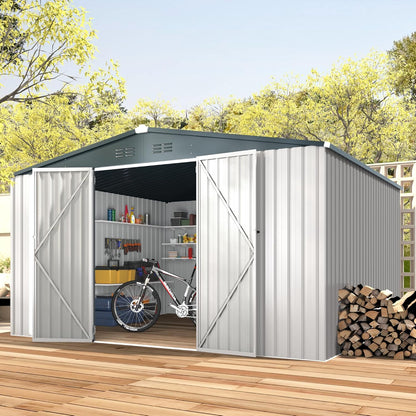 AECOJOY 12' x 10' Outdoor Storage Shed with Lockable Door Patio Metal Garden Storage Building in White for Outside