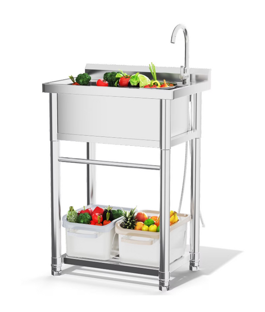 JFHID Stainless Steel Utility Sink, Free Standing Single Bowl Commercial Kitchen Sinks with Faucet & Shelf for Laundry Tub Restaurant Garage or Outdoor Use