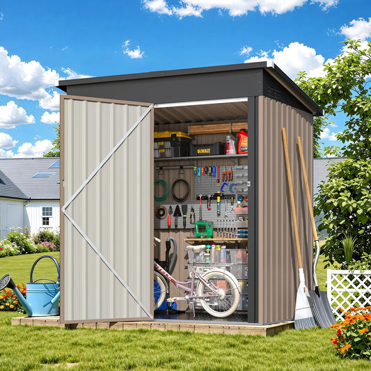 YODOLLA 5 x 3 ft. Outdoor Metal Steel Storage Shed with Floor Base& Lockable Door for Backyard, Garden