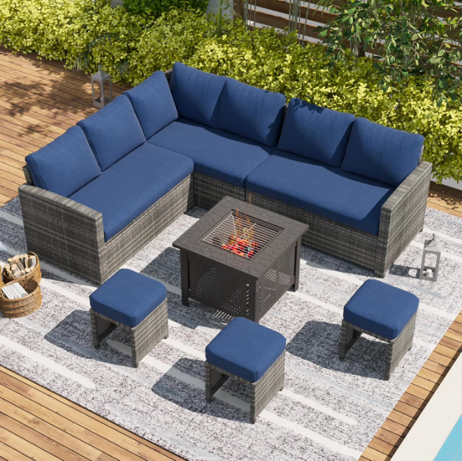 YODOLLA 7-Piece Patio Funiture Set with 30" Fire Pit Table, Outdoor Furniture Sectional Sofa, PE Rattan Wicker Patio Conversation Set in Navy Blue