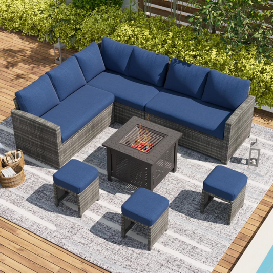 YODOLLA 7-Piece Patio Funiture Set with 30" Fire Pit Table, Outdoor Furniture Sectional Sofa, PE Rattan Wicker Patio Conversation Set in Navy Blue