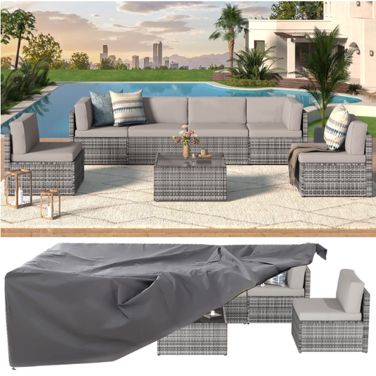 YODOLLA 7-Piece Patio Furniture w/ Protection Cover, Outdoor Sectional Sofa Couch w/ Coffee Table, Patio Conversation Set in Gray Wicker& Gray Cushions
