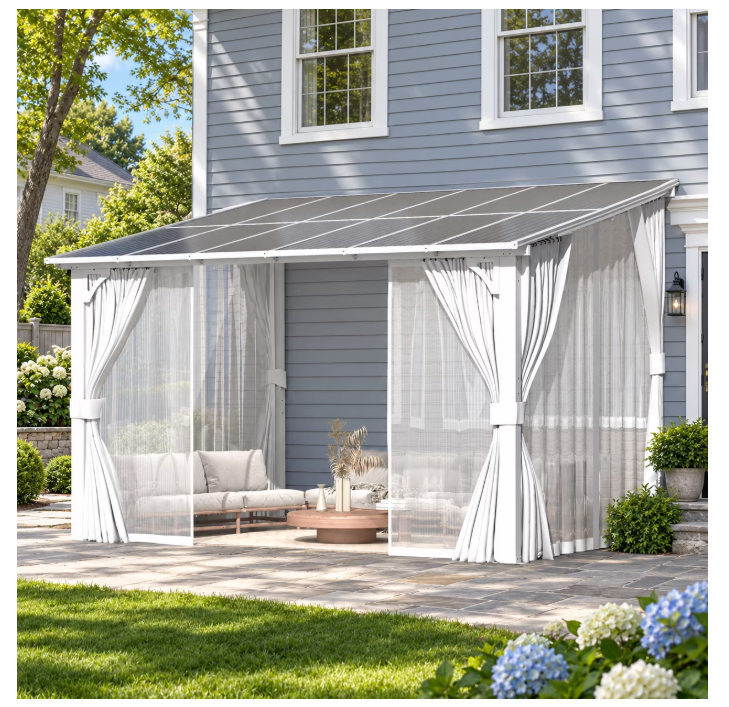 YODOLLA 12x8ft White Wall Mounted Hardtop Gazebo with Curtains and Mosquito Netting, Outdoor Lean to Patio Pergola