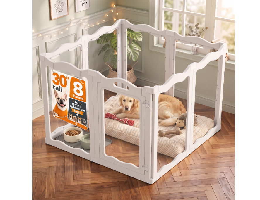 JFHID Clear Acrylic Dual-Lock Indoor Pet Playpen for Dogs with 8 Panels, 30" H, White