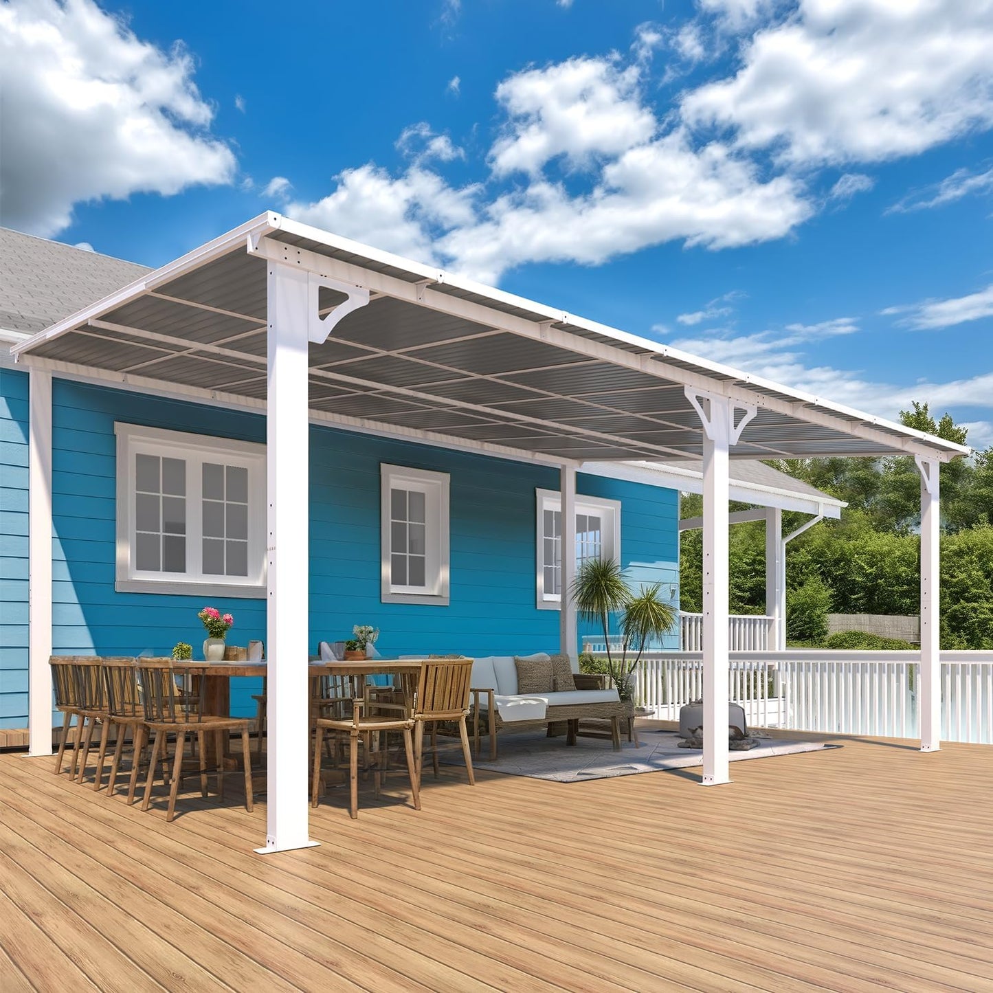 AECOJOY 16' x 12' Lean to Gazebo Outdoor Pergola with Curtains and Netting for Patio, Large Wall Mounted Hardtop Metal Gazebo Shelter, Pergolas and Gazebos Clearance with Patio Roof Awnings White